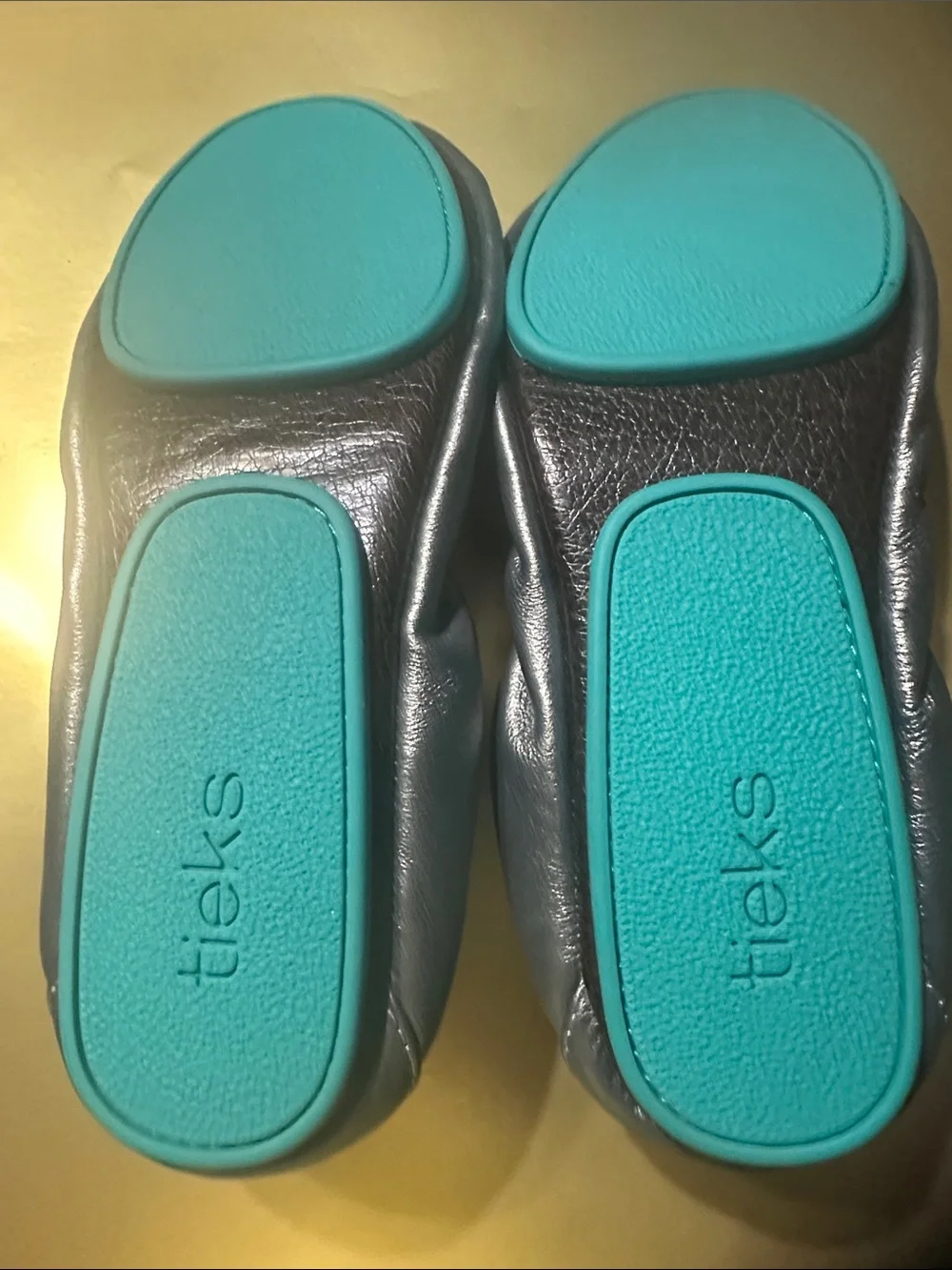 Tieks Metallic Gray Ballet Flats with Teal Heel Tab